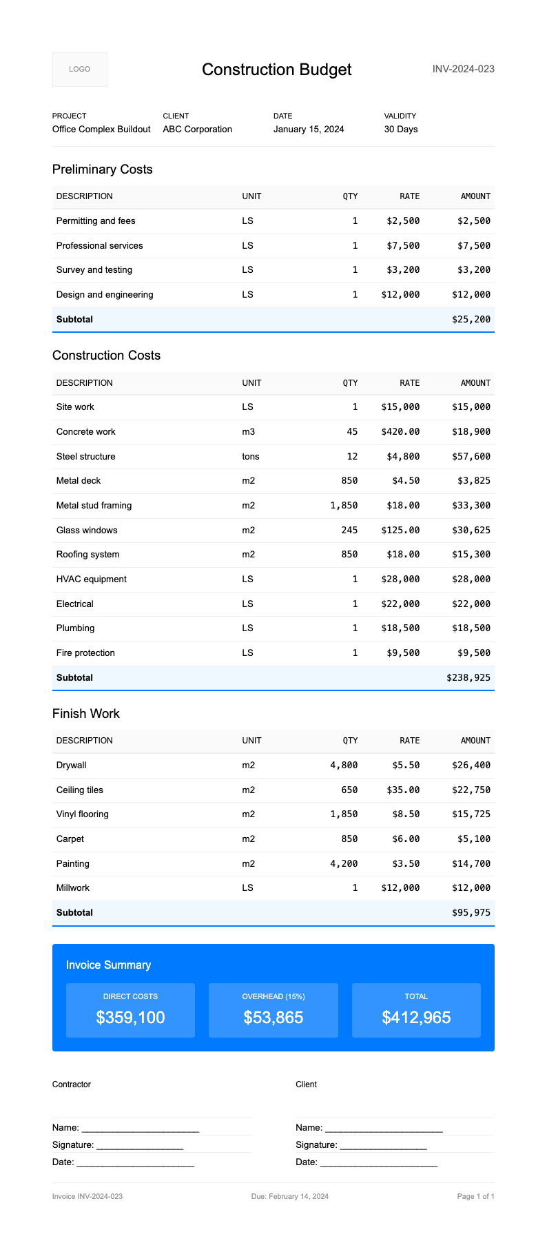 Minimalist invoice construction budget